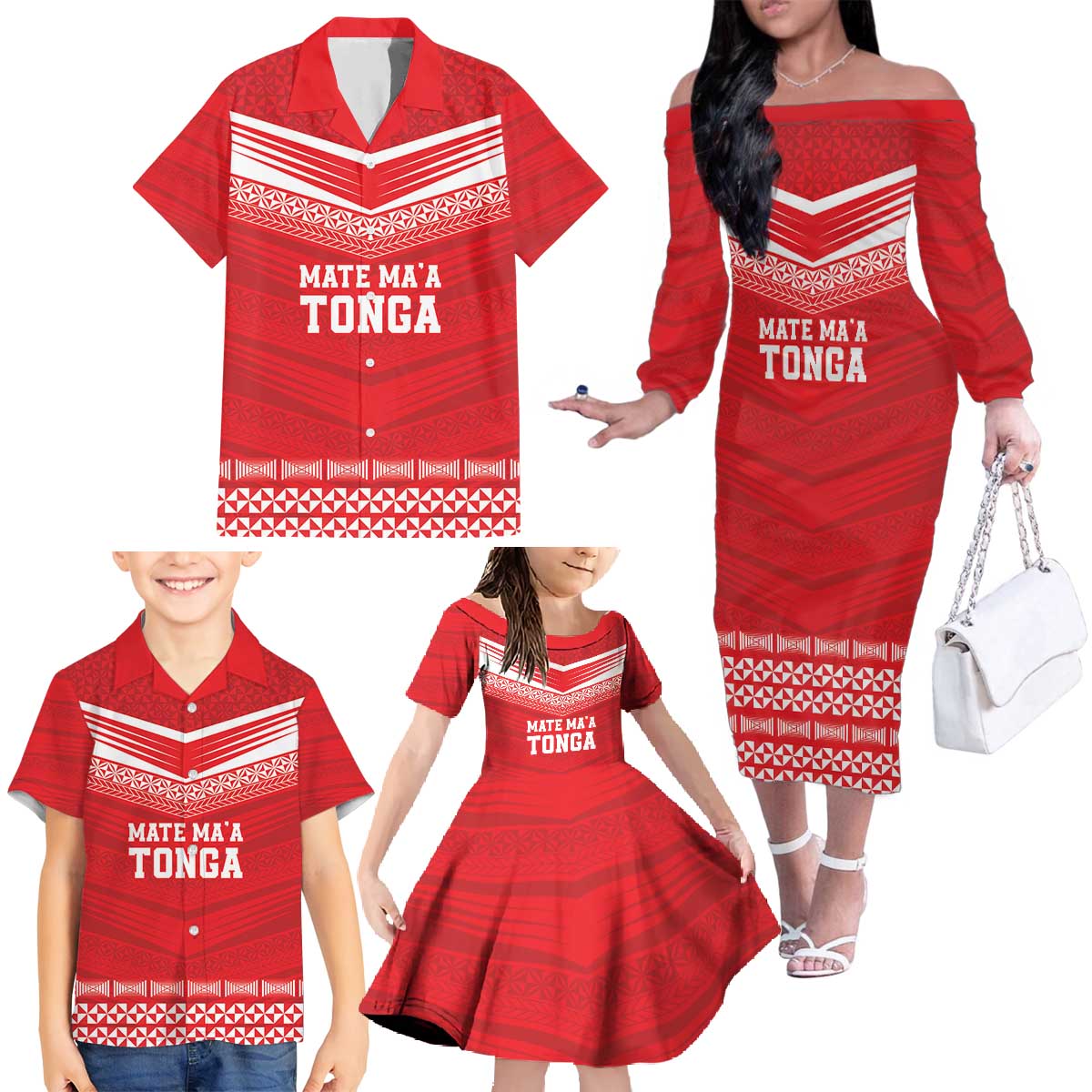 Custom Mate Ma'a Tonga Heritage Family Matching Off The Shoulder Long Sleeve Dress and Hawaiian Shirt Pacific Tribal Rugby Red Edition LT9 - Polynesian Pride