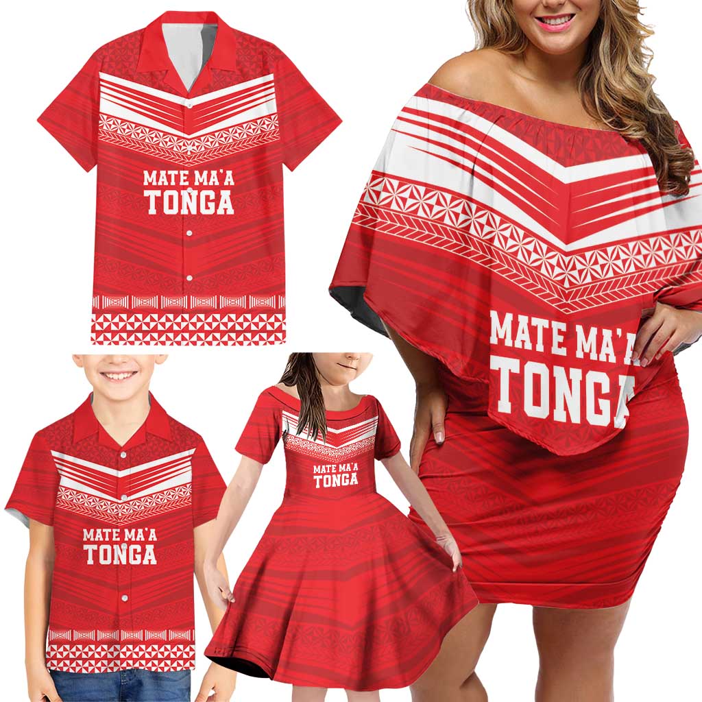 Custom Mate Ma'a Tonga Heritage Family Matching Off Shoulder Short Dress and Hawaiian Shirt Pacific Tribal Rugby Red Edition LT9 - Polynesian Pride