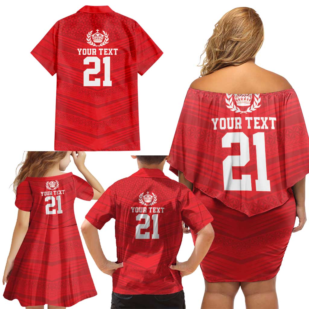 Custom Mate Ma'a Tonga Heritage Family Matching Off Shoulder Short Dress and Hawaiian Shirt Pacific Tribal Rugby Red Edition LT9 - Polynesian Pride