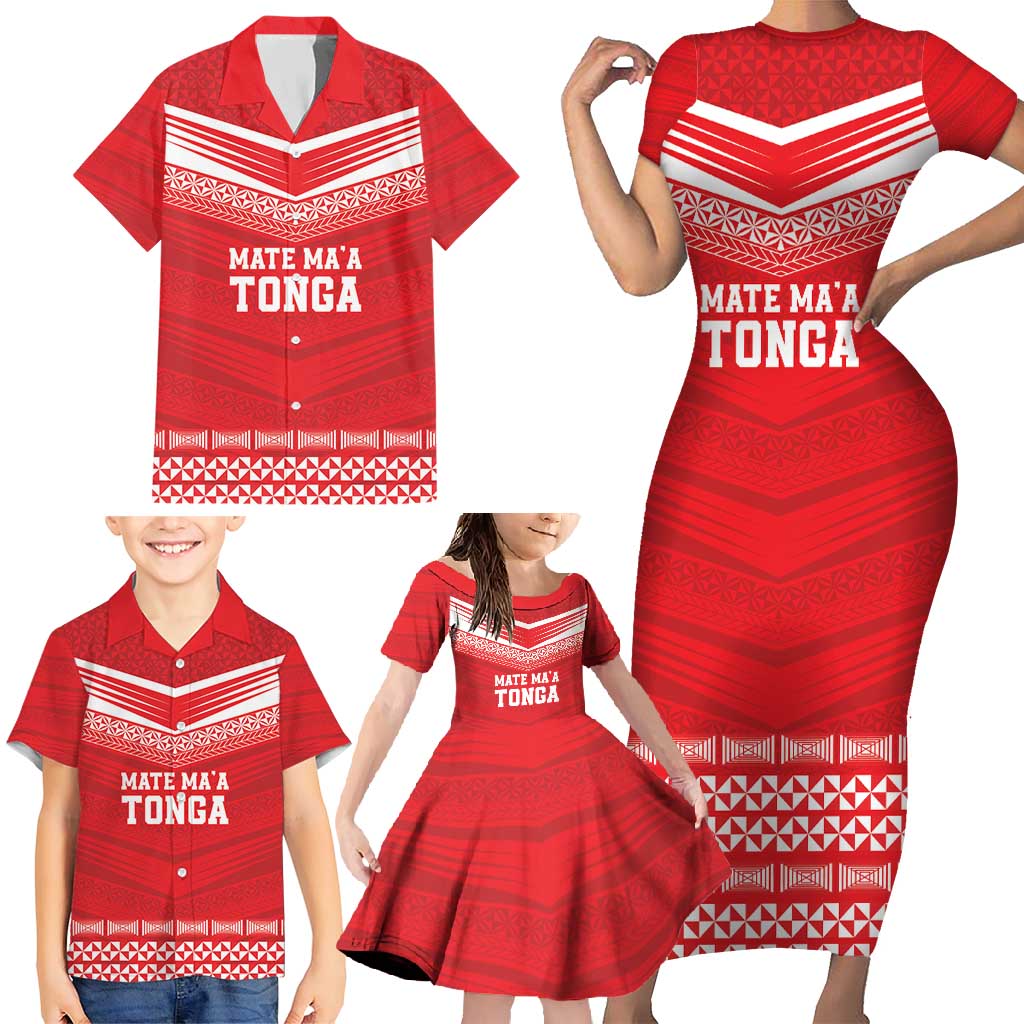 Custom Mate Ma'a Tonga Heritage Family Matching Short Sleeve Bodycon Dress and Hawaiian Shirt Pacific Tribal Rugby Red Edition LT9 - Polynesian Pride