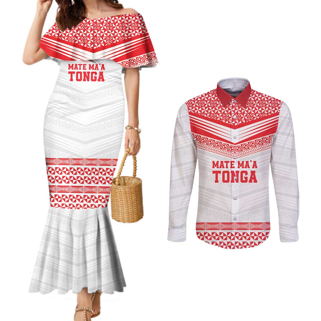 Custom Mate Ma'a Tonga Heritage Couples Matching Mermaid Dress and Long Sleeve Button Shirt Pacific Tribal Rugby White Edition - Polynesian Pride