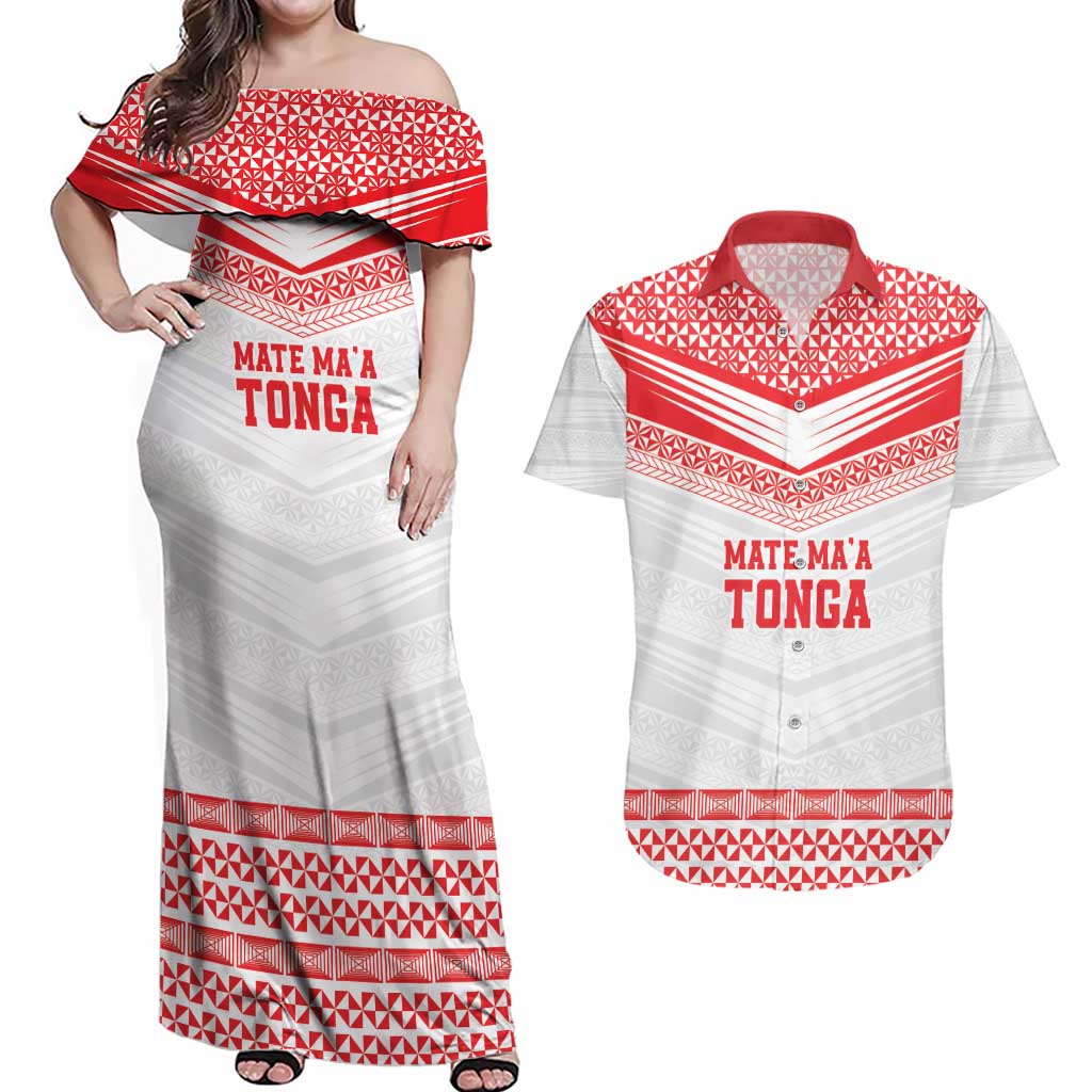 Custom Mate Ma'a Tonga Heritage Couples Matching Off Shoulder Maxi Dress and Hawaiian Shirt Pacific Tribal Rugby White Edition - Polynesian Pride