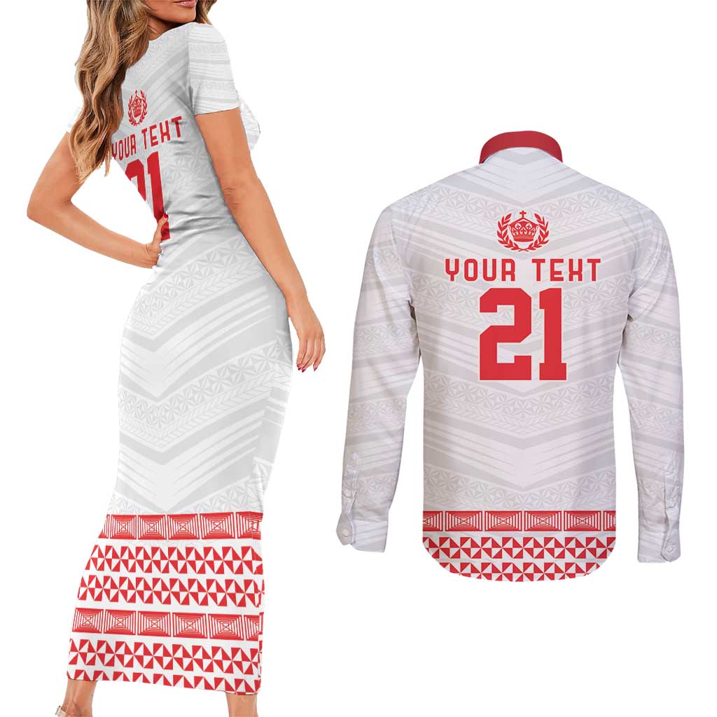 Custom Mate Ma'a Tonga Heritage Couples Matching Short Sleeve Bodycon Dress and Long Sleeve Button Shirt Pacific Tribal Rugby White Edition - Polynesian Pride