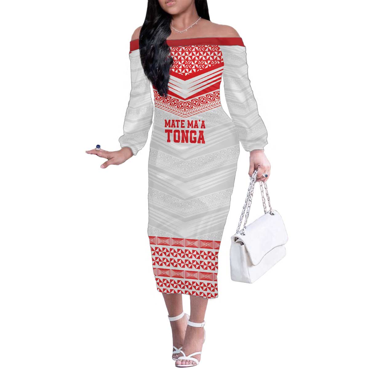 Custom Mate Ma'a Tonga Heritage Family Matching Off The Shoulder Long Sleeve Dress and Hawaiian Shirt Pacific Tribal Rugby White Edition LT9 Mom's Dress White - Polynesian Pride