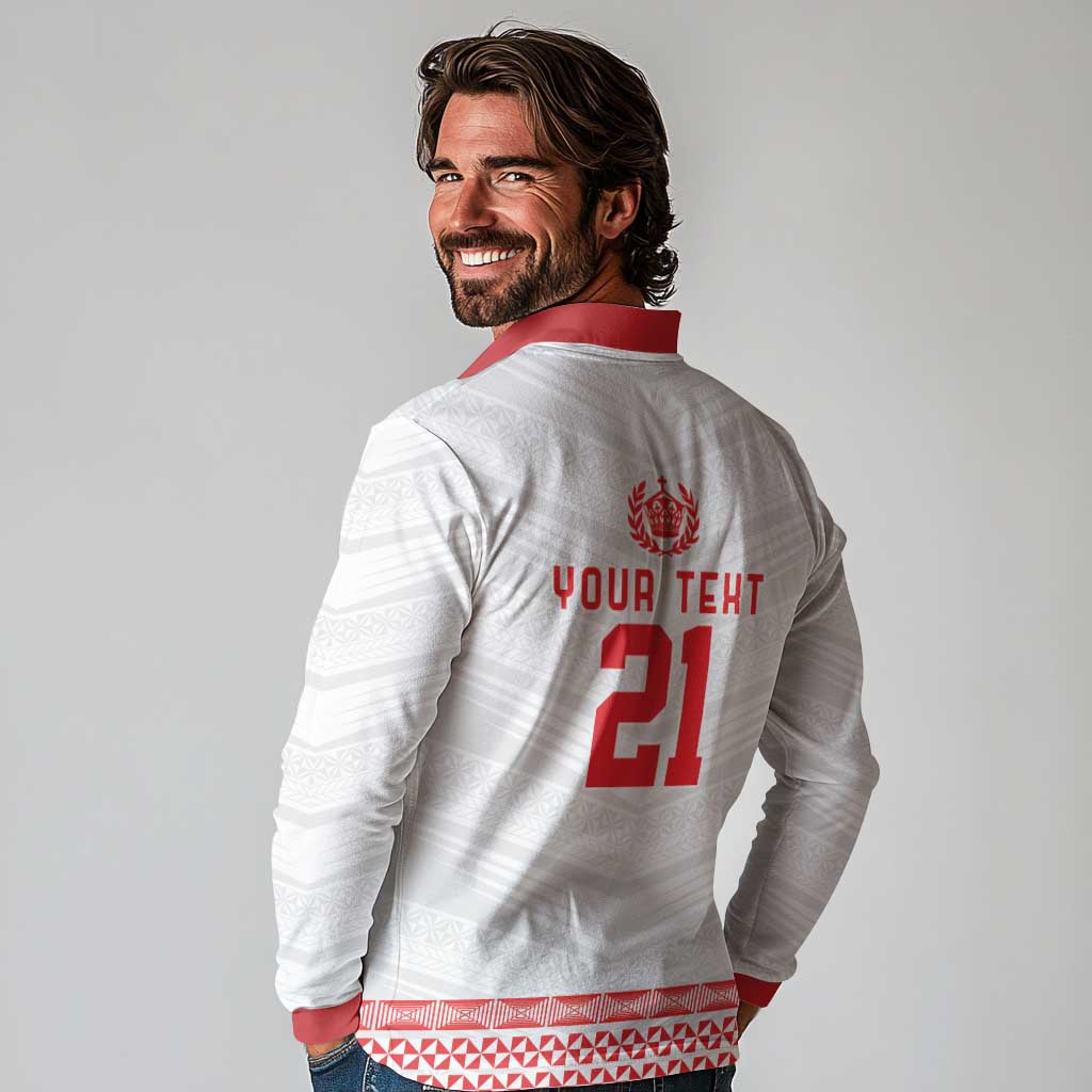 Custom Mate Ma'a Tonga Heritage Long Sleeve Polo Shirt Pacific Tribal Rugby White Edition - Polynesian Pride