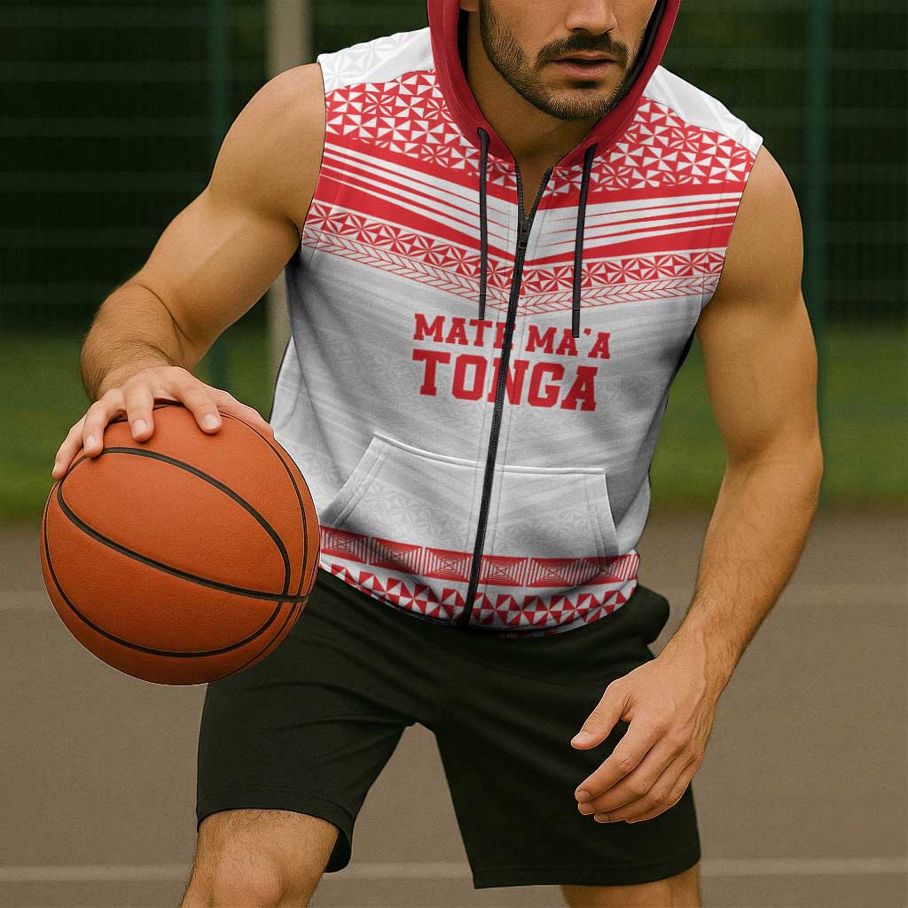 Custom Mate Ma'a Tonga Heritage Sleeveless Zip Hoodie Pacific Tribal Rugby White Edition LT9 - Polynesian Pride