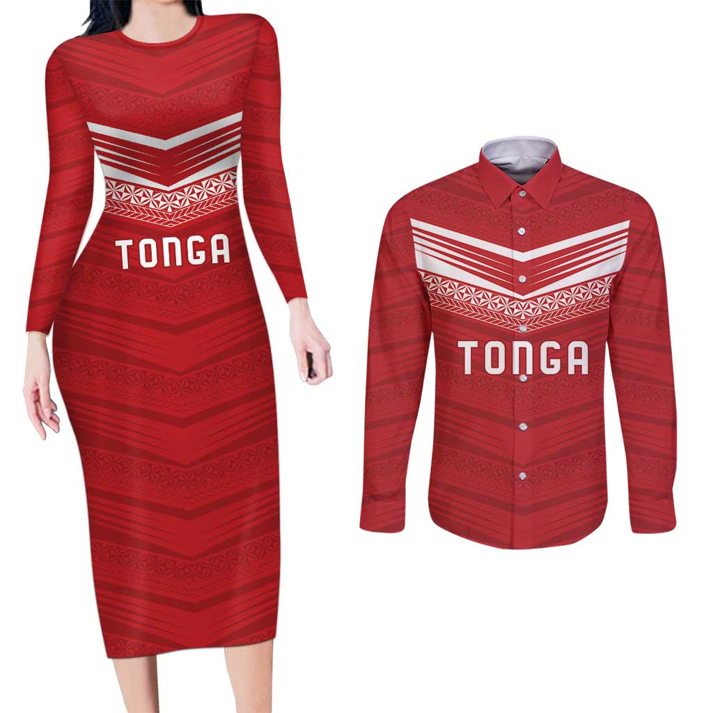 Custom Pacific Rugby Spirit Couples Matching Long Sleeve Bodycon Dress and Long Sleeve Button Shirt Tonga Ngatu Pride Red Edition - Polynesian Pride