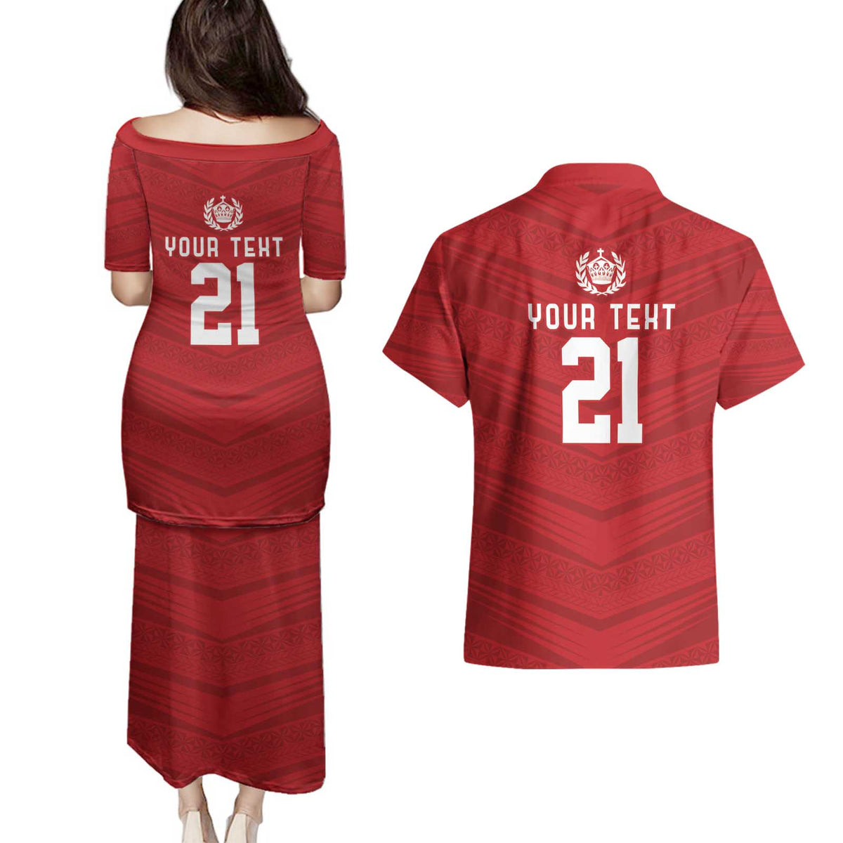 Custom Pacific Rugby Spirit Couples Matching Puletasi and Hawaiian Shirt Tonga Ngatu Pride Red Edition - Polynesian Pride