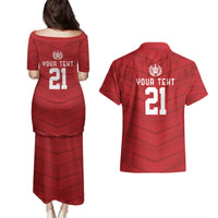 Custom Pacific Rugby Spirit Couples Matching Puletasi and Hawaiian Shirt Tonga Ngatu Pride Red Edition - Polynesian Pride