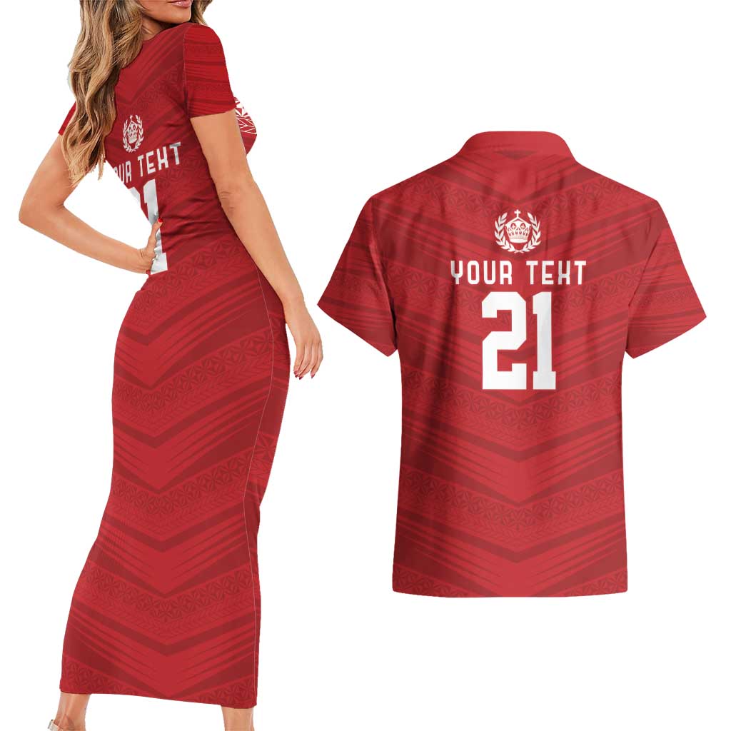 Custom Pacific Rugby Spirit Couples Matching Short Sleeve Bodycon Dress and Hawaiian Shirt Tonga Ngatu Pride Red Edition - Polynesian Pride