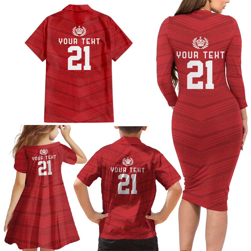 Custom Pacific Rugby Spirit Family Matching Long Sleeve Bodycon Dress and Hawaiian Shirt Tonga Ngatu Pride Red Edition LT9 - Polynesian Pride
