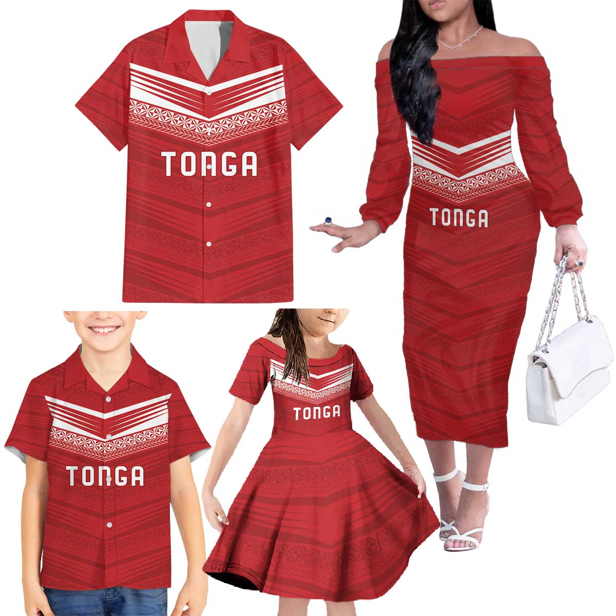 Custom Pacific Rugby Spirit Family Matching Off The Shoulder Long Sleeve Dress and Hawaiian Shirt Tonga Ngatu Pride Red Edition LT9 - Polynesian Pride