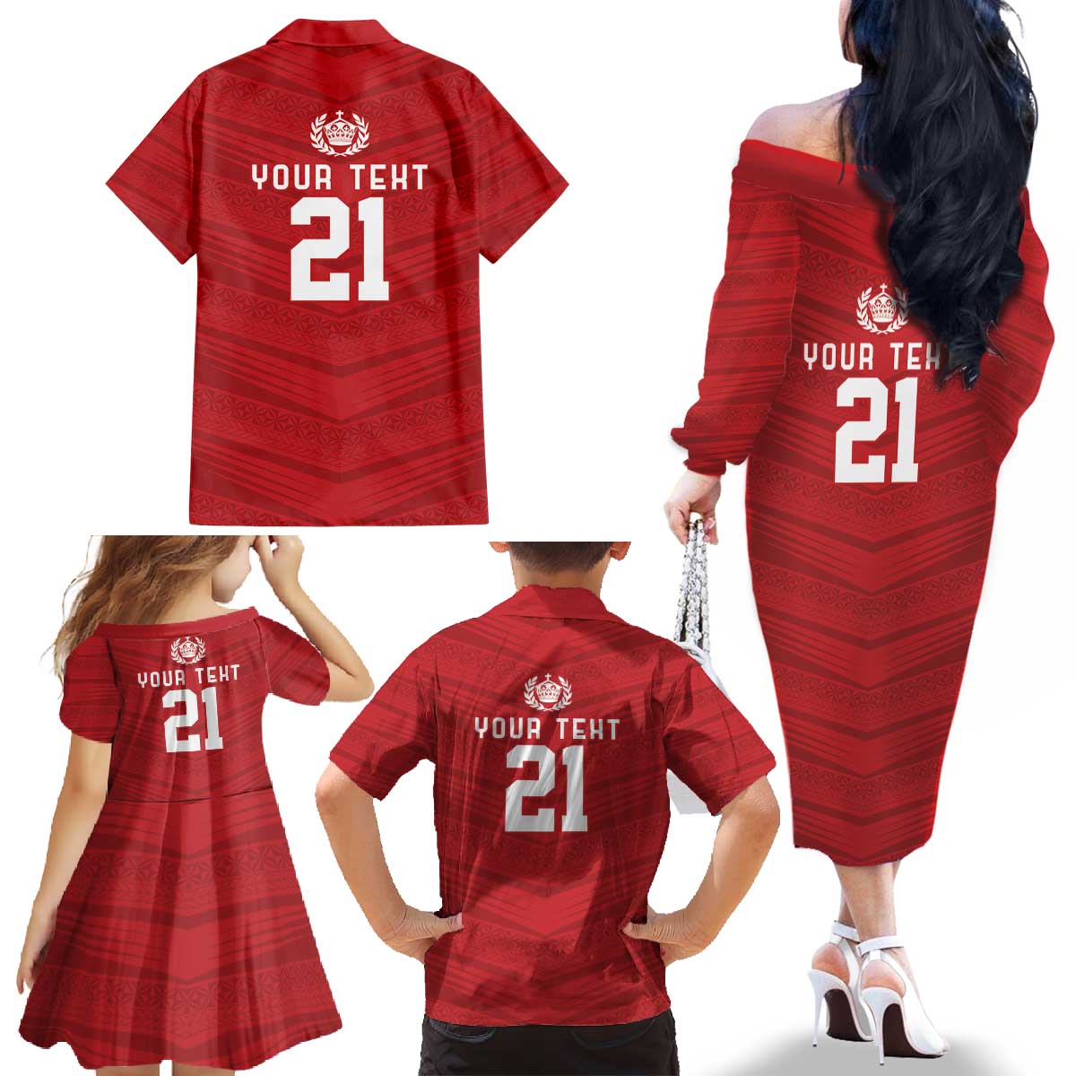 Custom Pacific Rugby Spirit Family Matching Off The Shoulder Long Sleeve Dress and Hawaiian Shirt Tonga Ngatu Pride Red Edition LT9 - Polynesian Pride