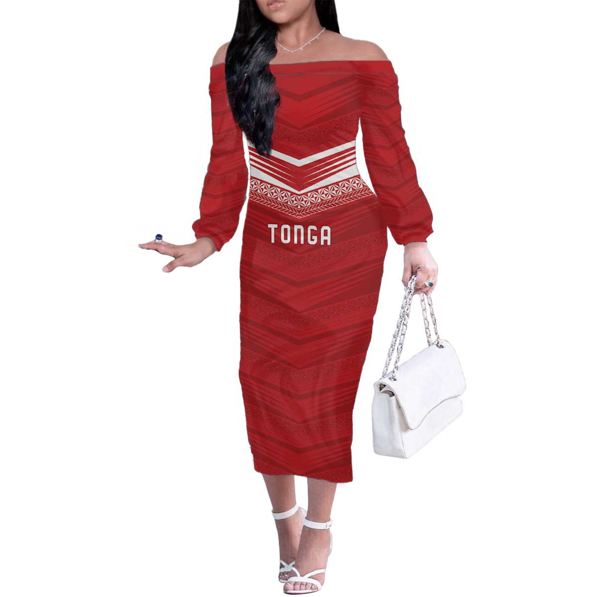 Custom Pacific Rugby Spirit Family Matching Off The Shoulder Long Sleeve Dress and Hawaiian Shirt Tonga Ngatu Pride Red Edition LT9 Mom's Dress Red - Polynesian Pride