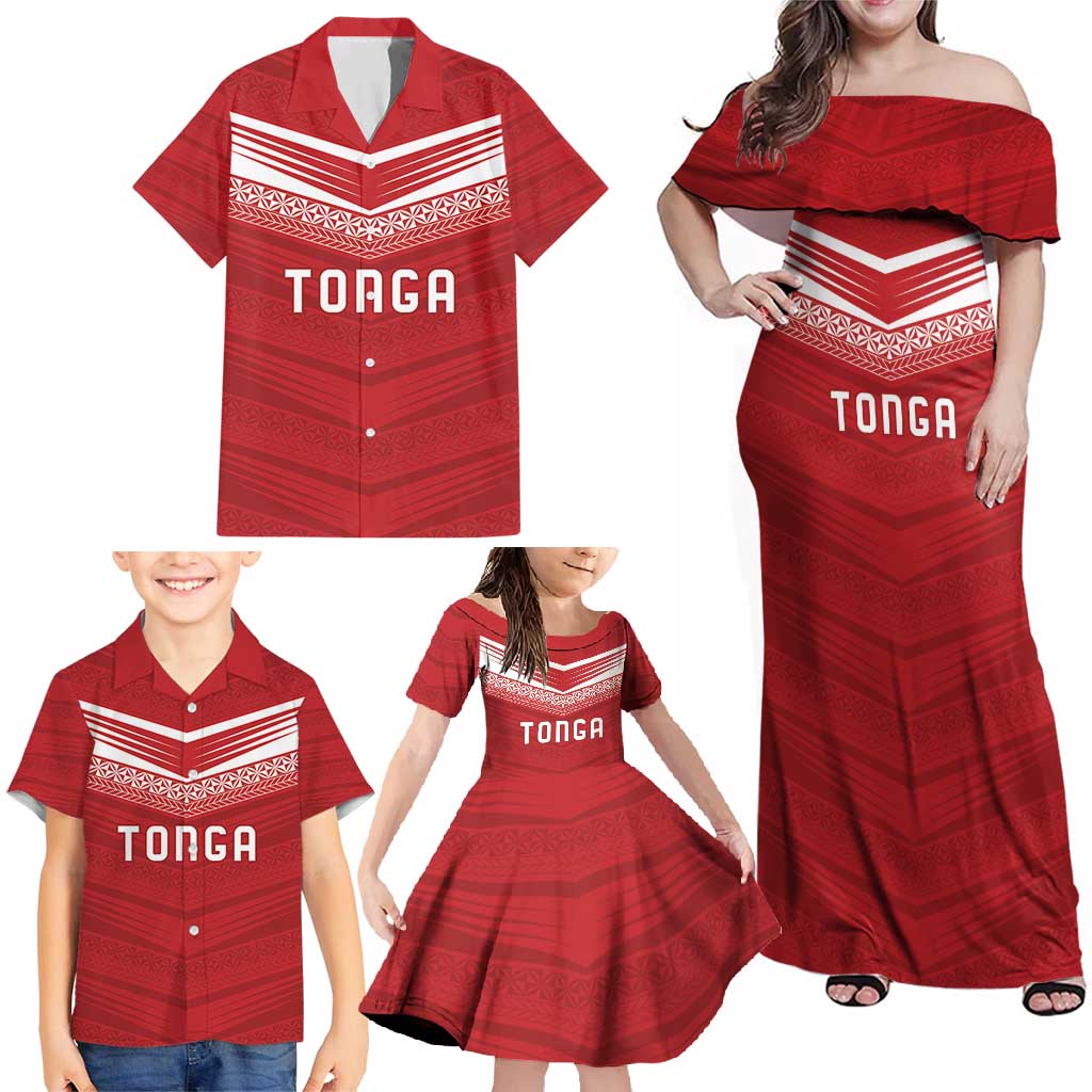 Custom Pacific Rugby Spirit Family Matching Off Shoulder Maxi Dress and Hawaiian Shirt Tonga Ngatu Pride Red Edition - Polynesian Pride