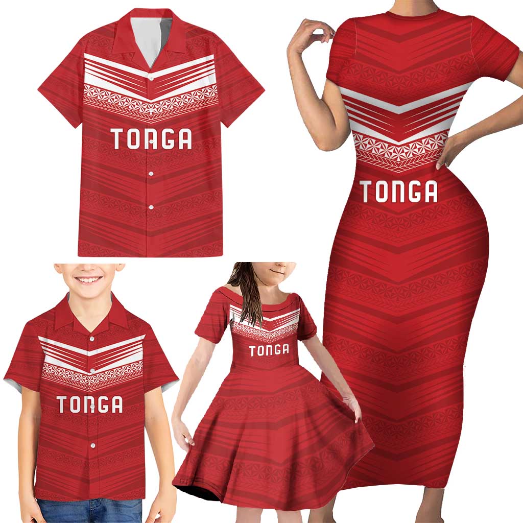 Custom Pacific Rugby Spirit Family Matching Short Sleeve Bodycon Dress and Hawaiian Shirt Tonga Ngatu Pride Red Edition LT9 - Polynesian Pride