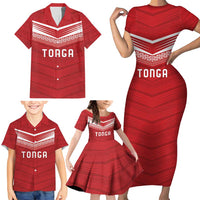 Custom Pacific Rugby Spirit Family Matching Short Sleeve Bodycon Dress and Hawaiian Shirt Tonga Ngatu Pride Red Edition LT9 - Polynesian Pride
