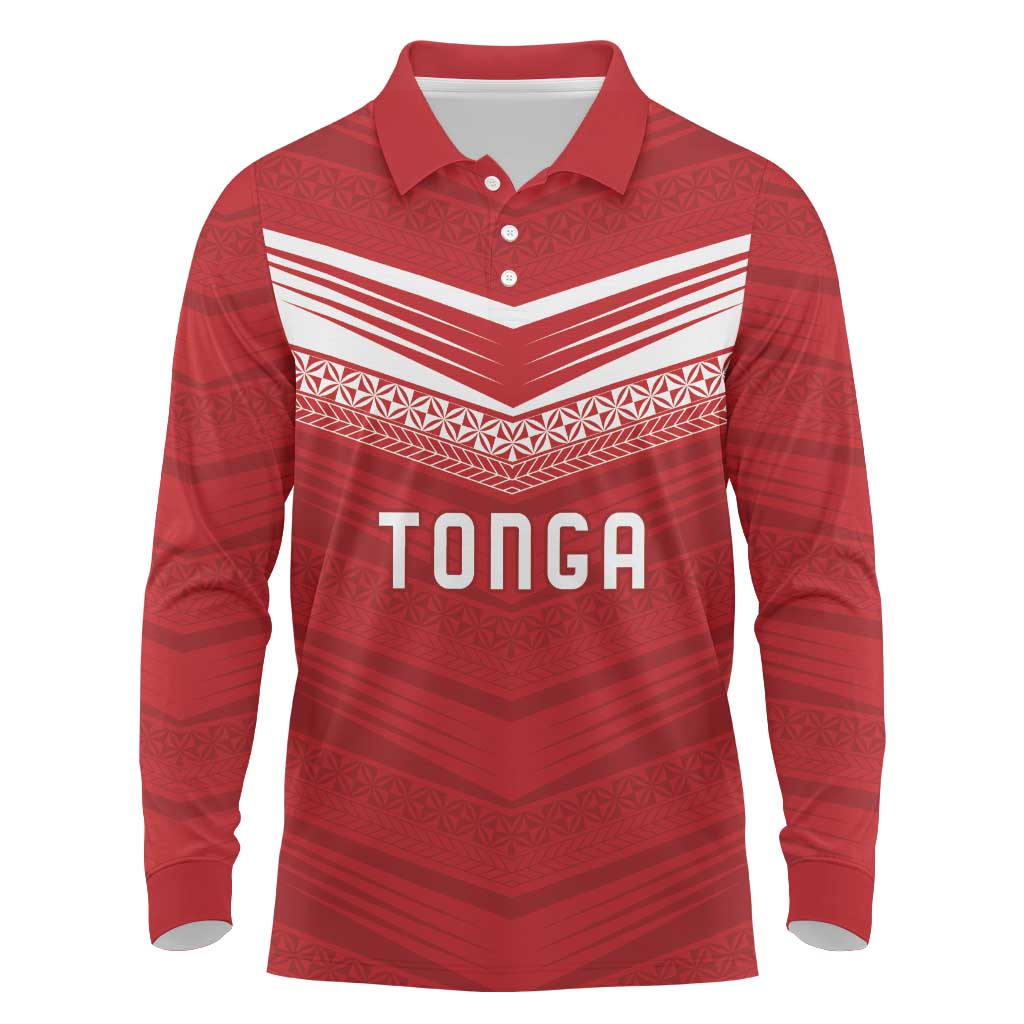 Custom Pacific Rugby Spirit Long Sleeve Polo Shirt Tonga Ngatu Pride Red Edition LT9 Red - Polynesian Pride