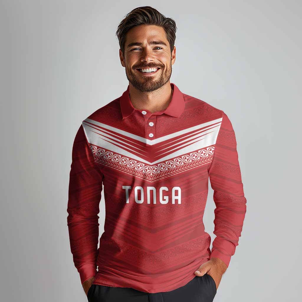 Custom Pacific Rugby Spirit Long Sleeve Polo Shirt Tonga Ngatu Pride Red Edition LT9 - Polynesian Pride