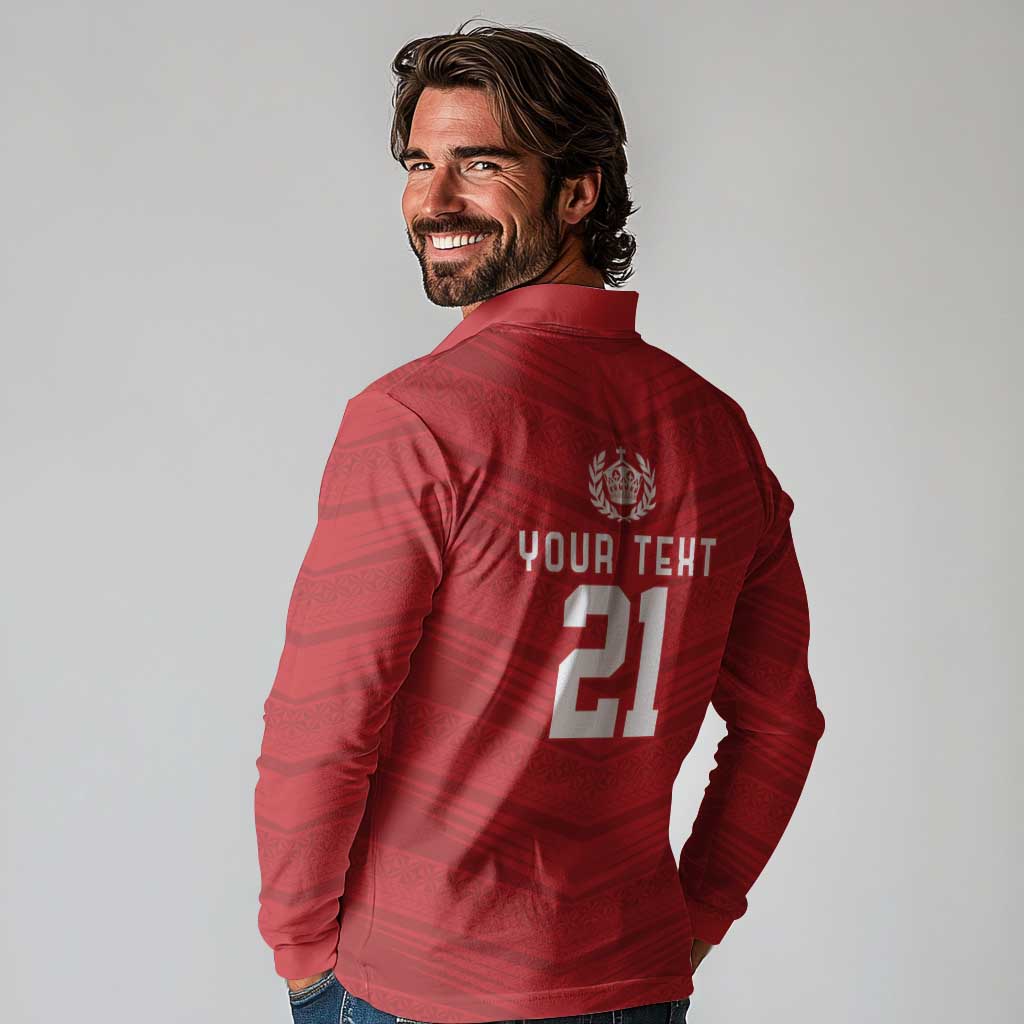 Custom Pacific Rugby Spirit Long Sleeve Polo Shirt Tonga Ngatu Pride Red Edition LT9 - Polynesian Pride