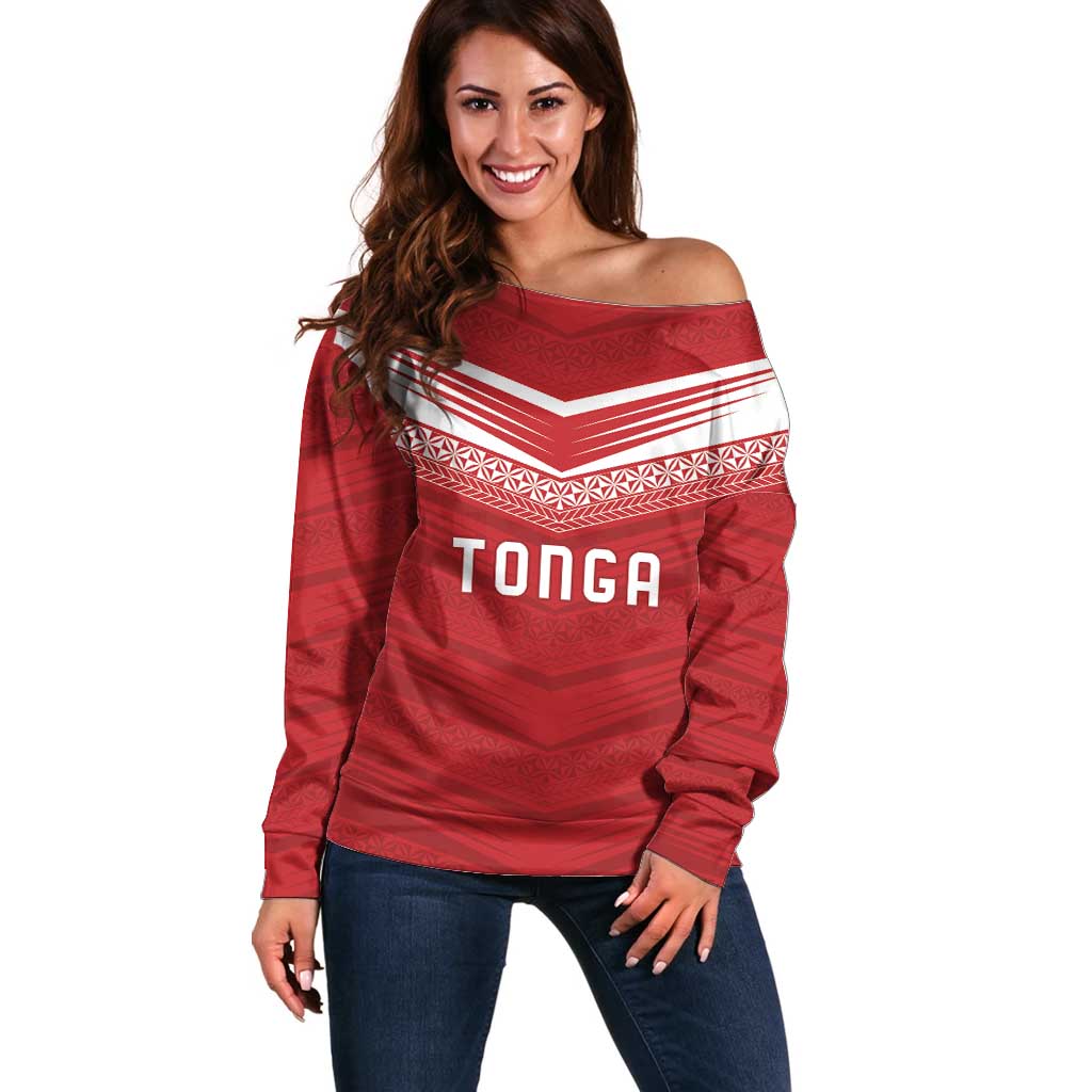 Custom Pacific Rugby Spirit Off Shoulder Sweater Tonga Ngatu Pride Red Edition - Polynesian Pride