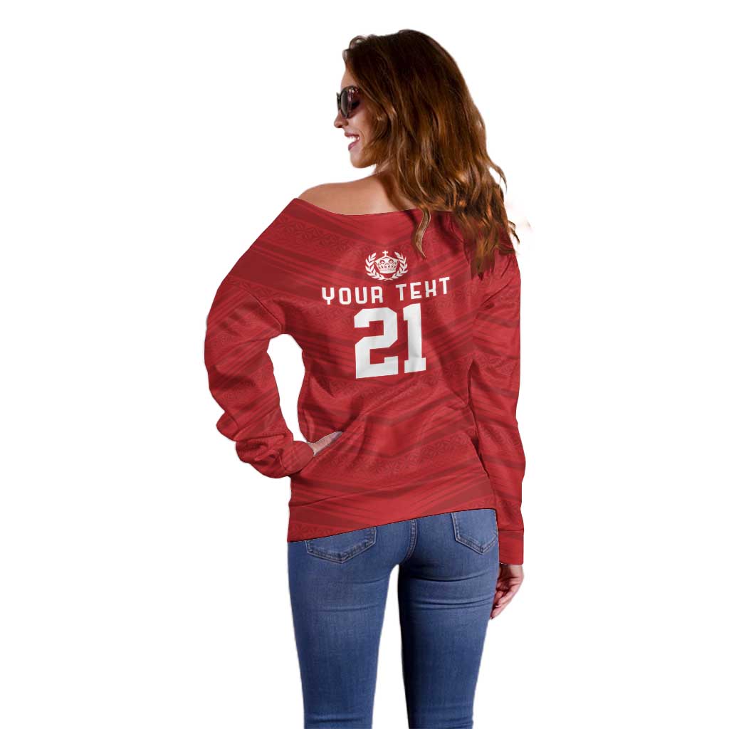 Custom Pacific Rugby Spirit Off Shoulder Sweater Tonga Ngatu Pride Red Edition - Polynesian Pride