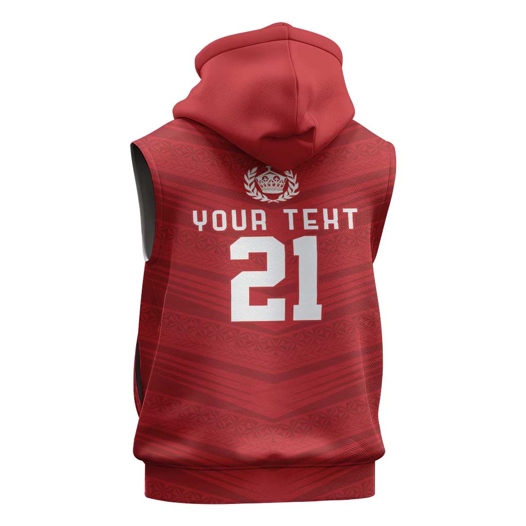 Custom Pacific Rugby Spirit Sleeveless Zip Hoodie Tonga Ngatu Pride Red Edition - Polynesian Pride