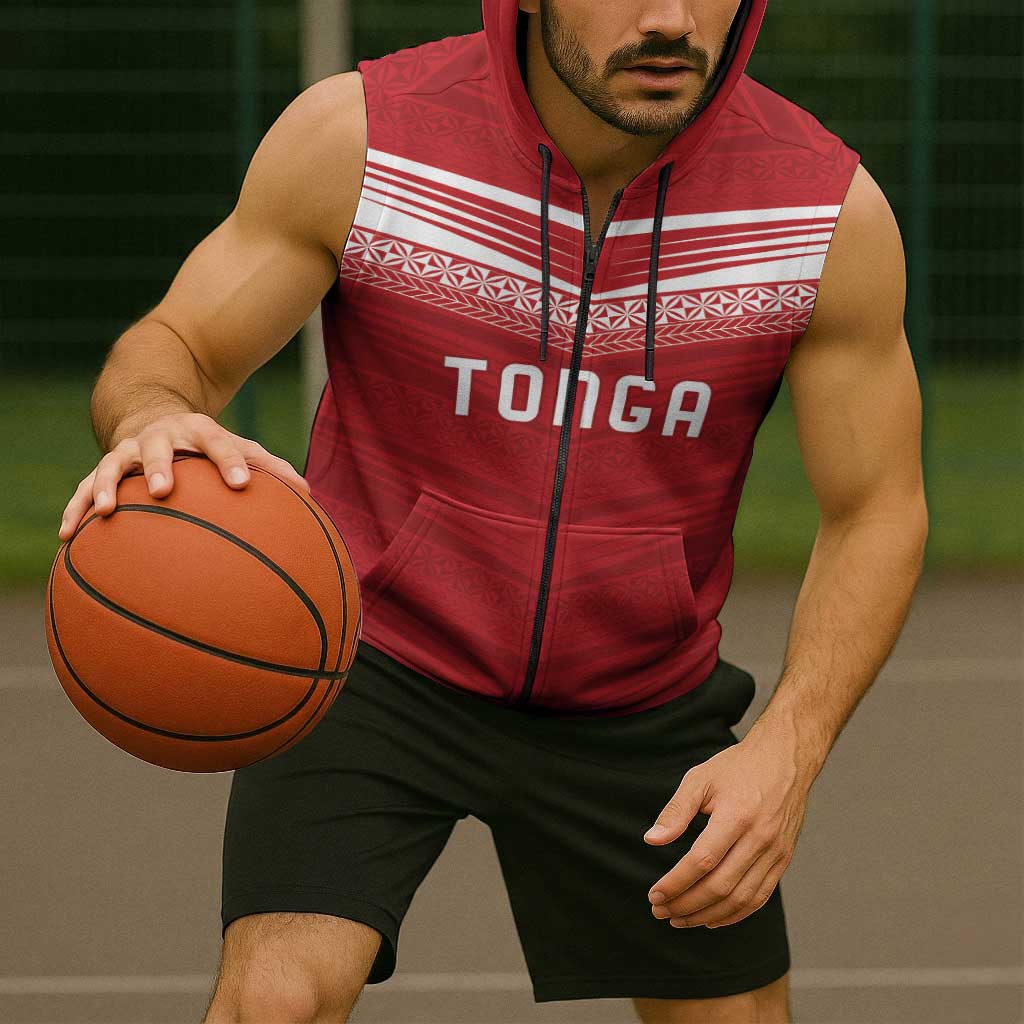 Custom Pacific Rugby Spirit Sleeveless Zip Hoodie Tonga Ngatu Pride Red Edition - Polynesian Pride