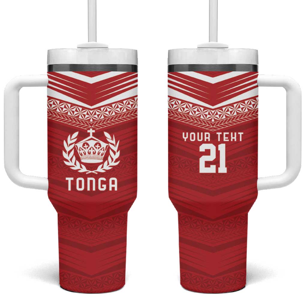 Custom Pacific Rugby Spirit Tumbler With Handle Tonga Ngatu Pride Red Edition - Polynesian Pride