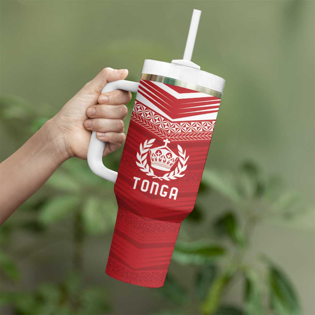 Custom Pacific Rugby Spirit Tumbler With Handle Tonga Ngatu Pride Red Edition - Polynesian Pride