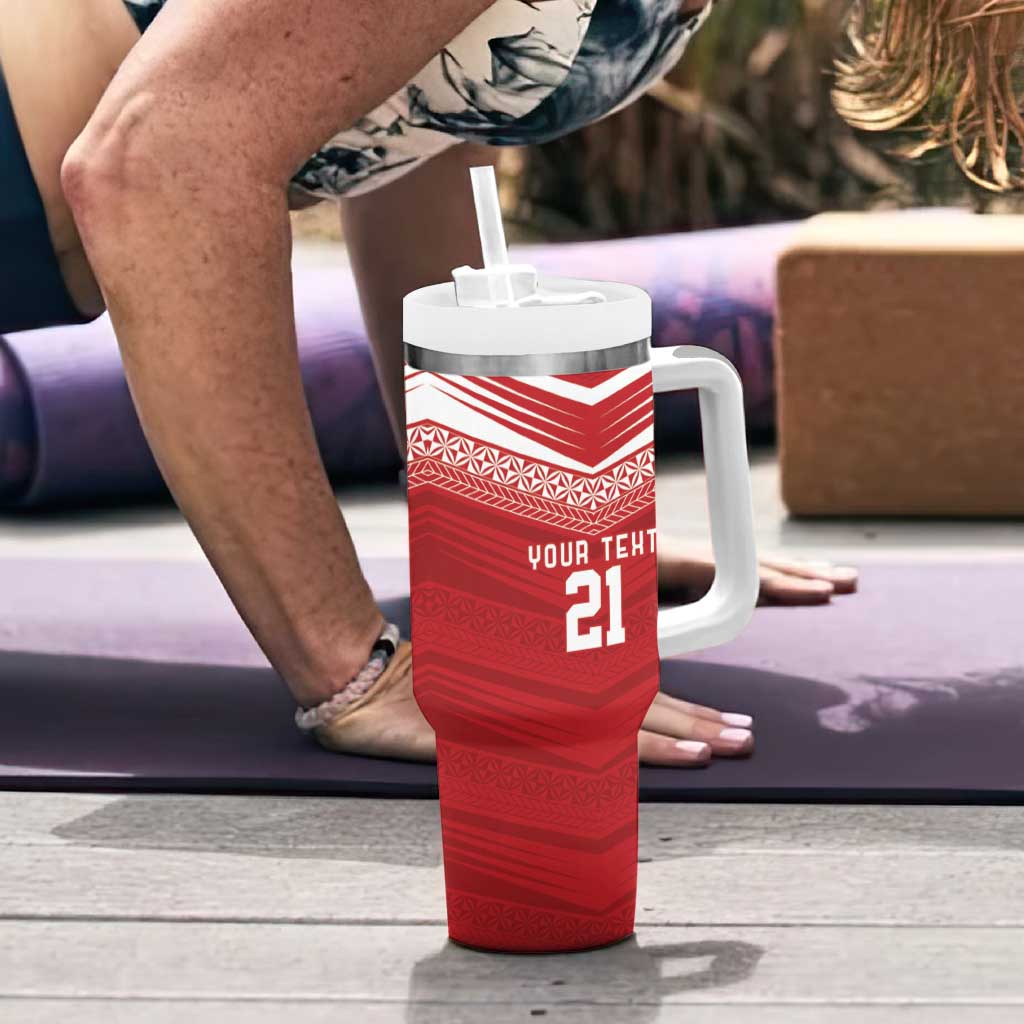 Custom Pacific Rugby Spirit Tumbler With Handle Tonga Ngatu Pride Red Edition - Polynesian Pride