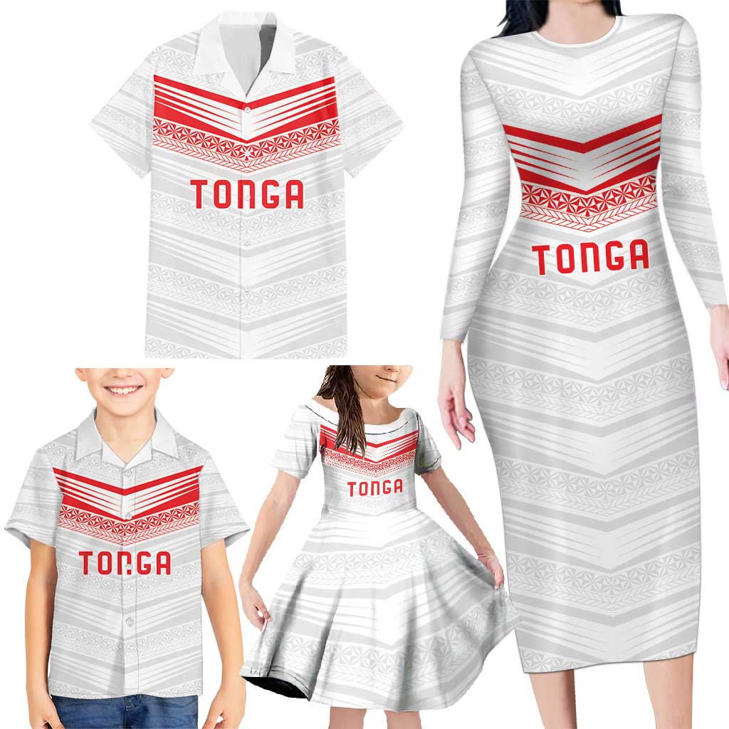 Custom Pacific Rugby Spirit Family Matching Long Sleeve Bodycon Dress and Hawaiian Shirt Tonga Ngatu Pride White Edition - Polynesian Pride