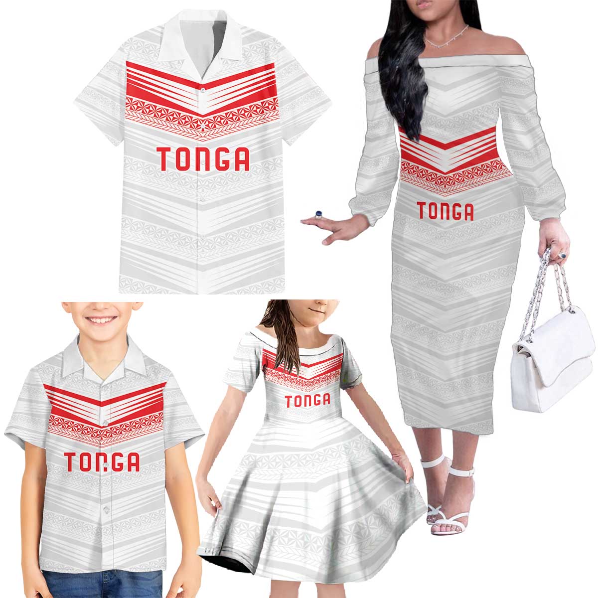 Custom Pacific Rugby Spirit Family Matching Off The Shoulder Long Sleeve Dress and Hawaiian Shirt Tonga Ngatu Pride White Edition LT9 - Polynesian Pride