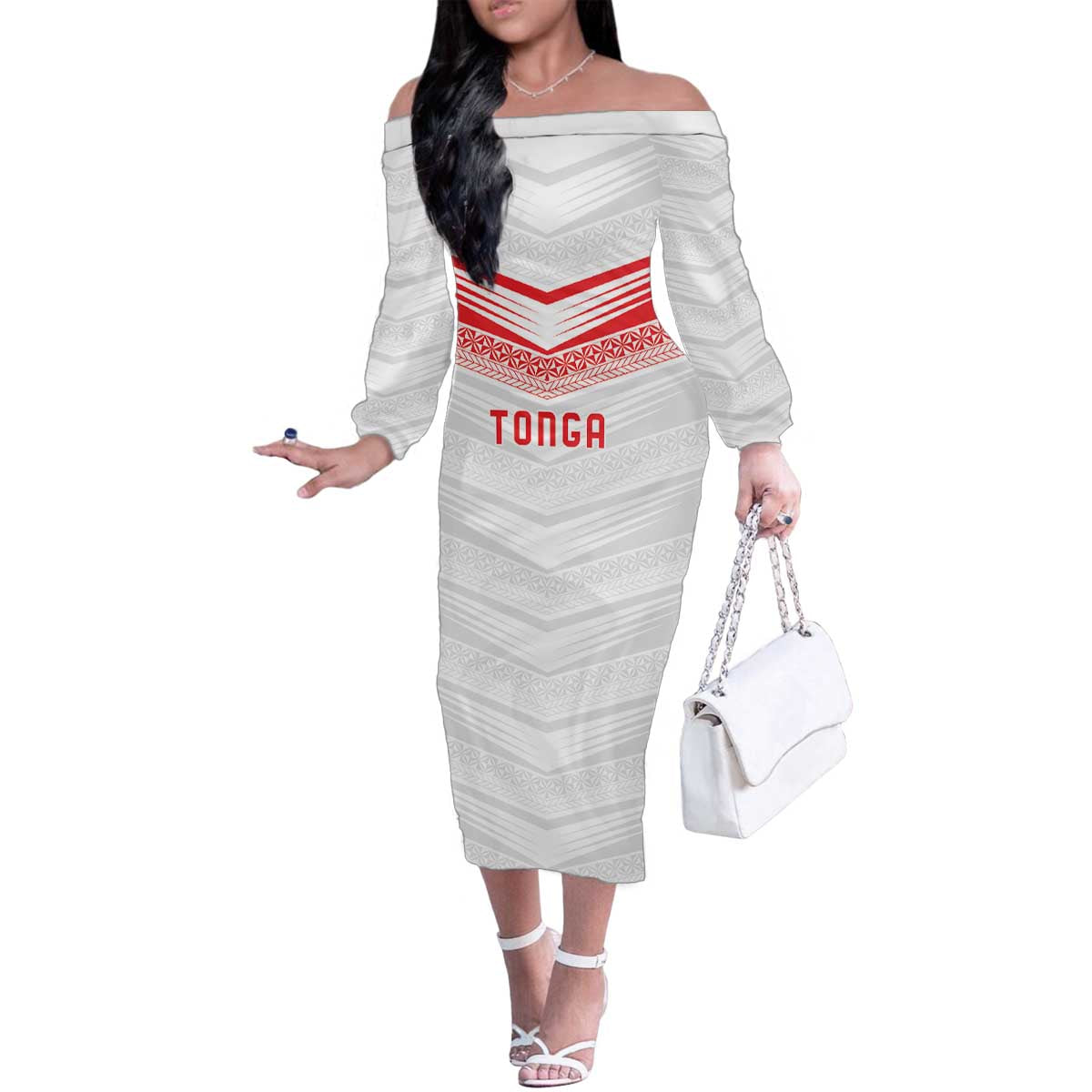 Custom Pacific Rugby Spirit Family Matching Off The Shoulder Long Sleeve Dress and Hawaiian Shirt Tonga Ngatu Pride White Edition LT9 Mom's Dress White - Polynesian Pride