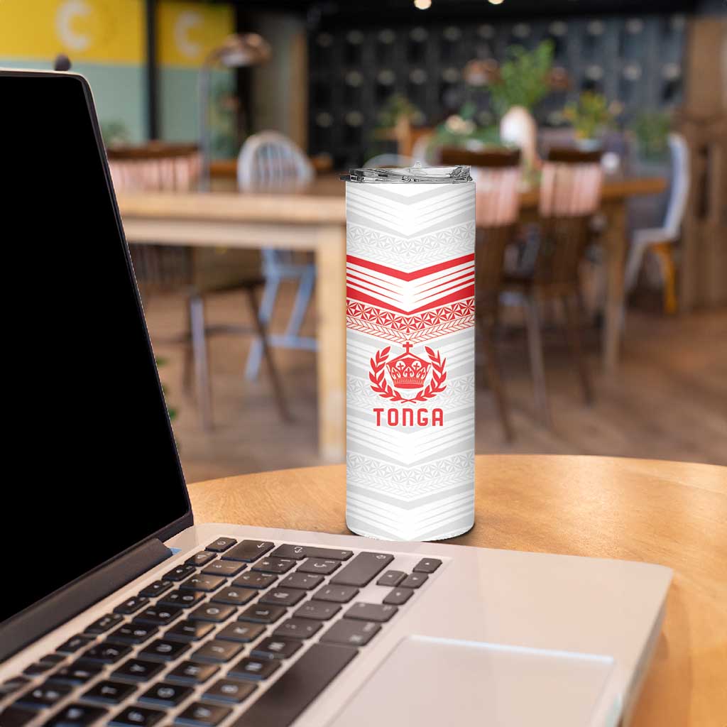 Custom Pacific Rugby Spirit Skinny Tumbler Tonga Ngatu Pride White Edition - Polynesian Pride