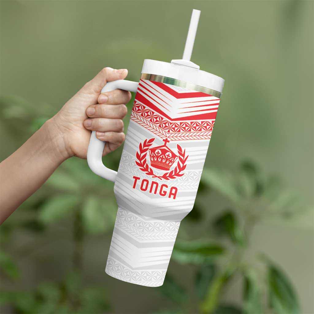 Custom Pacific Rugby Spirit Tumbler With Handle Tonga Ngatu Pride White Edition - Polynesian Pride