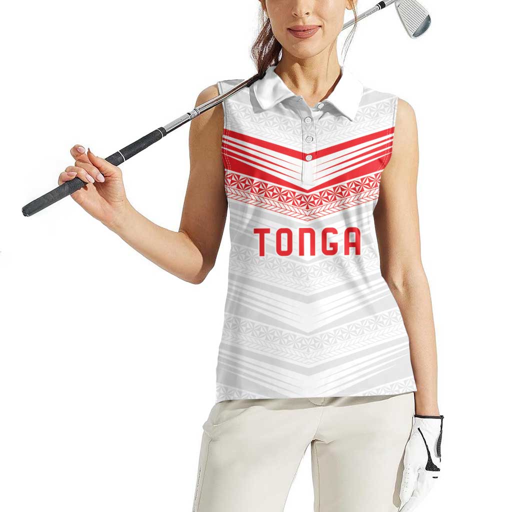 Custom Pacific Rugby Spirit Women Sleeveless Polo Shirt Tonga Ngatu Pride White Edition - Polynesian Pride