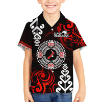 New Zealand Waitangi Day Personalised Family Matching Off Shoulder Maxi Dress and Hawaiian Shirt Aotearoa Te Ra O Waitangi With Maori Tattoo LT9 Son's Shirt Red - Polynesian Pride
