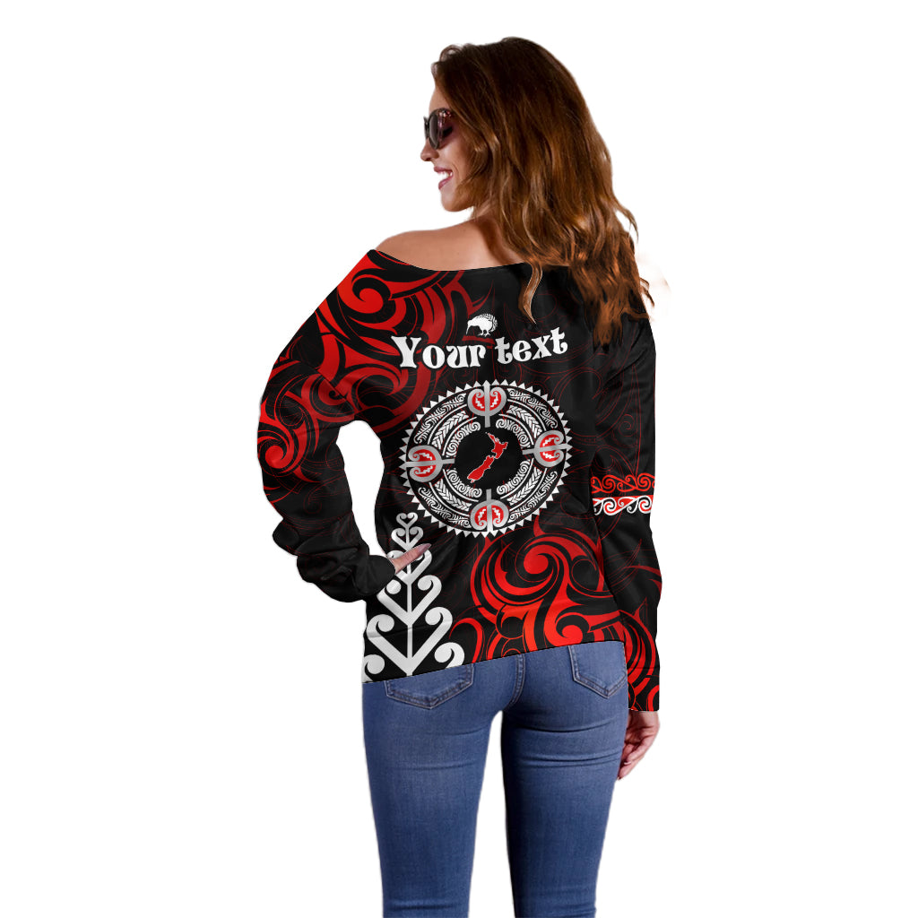New Zealand Waitangi Day Personalised Off Shoulder Sweater Aotearoa Te Ra O Waitangi With Maori Tattoo LT9 - Polynesian Pride