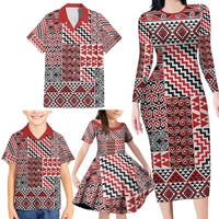 Aotearoa Kowhaiwhai Taniko Patchwork Motifs Family Matching Long Sleeve Bodycon Dress and Hawaiian Shirt LT9 - Polynesian Pride