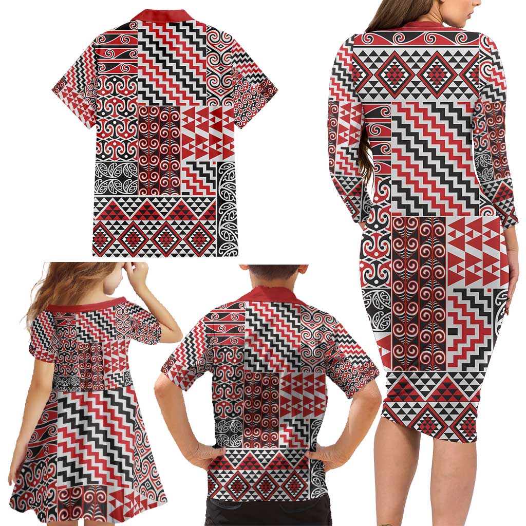 Aotearoa Kowhaiwhai Taniko Patchwork Motifs Family Matching Long Sleeve Bodycon Dress and Hawaiian Shirt LT9 - Polynesian Pride