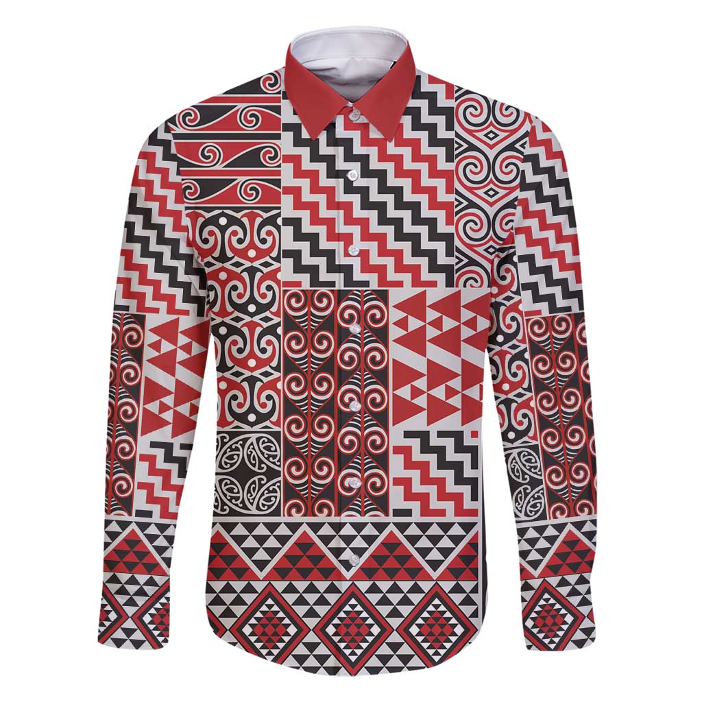 Aotearoa Kowhaiwhai Taniko Patchwork Motifs Family Matching Long Sleeve Bodycon Dress and Hawaiian Shirt LT9 Dad's Shirt - Long Sleeve Red - Polynesian Pride