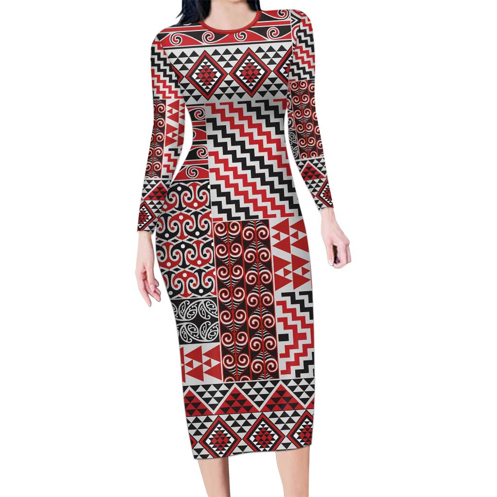 Aotearoa Kowhaiwhai Taniko Patchwork Motifs Family Matching Long Sleeve Bodycon Dress and Hawaiian Shirt LT9 Mom's Dress Red - Polynesian Pride