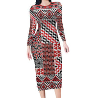Aotearoa Kowhaiwhai Taniko Patchwork Motifs Family Matching Long Sleeve Bodycon Dress and Hawaiian Shirt LT9 Mom's Dress Red - Polynesian Pride