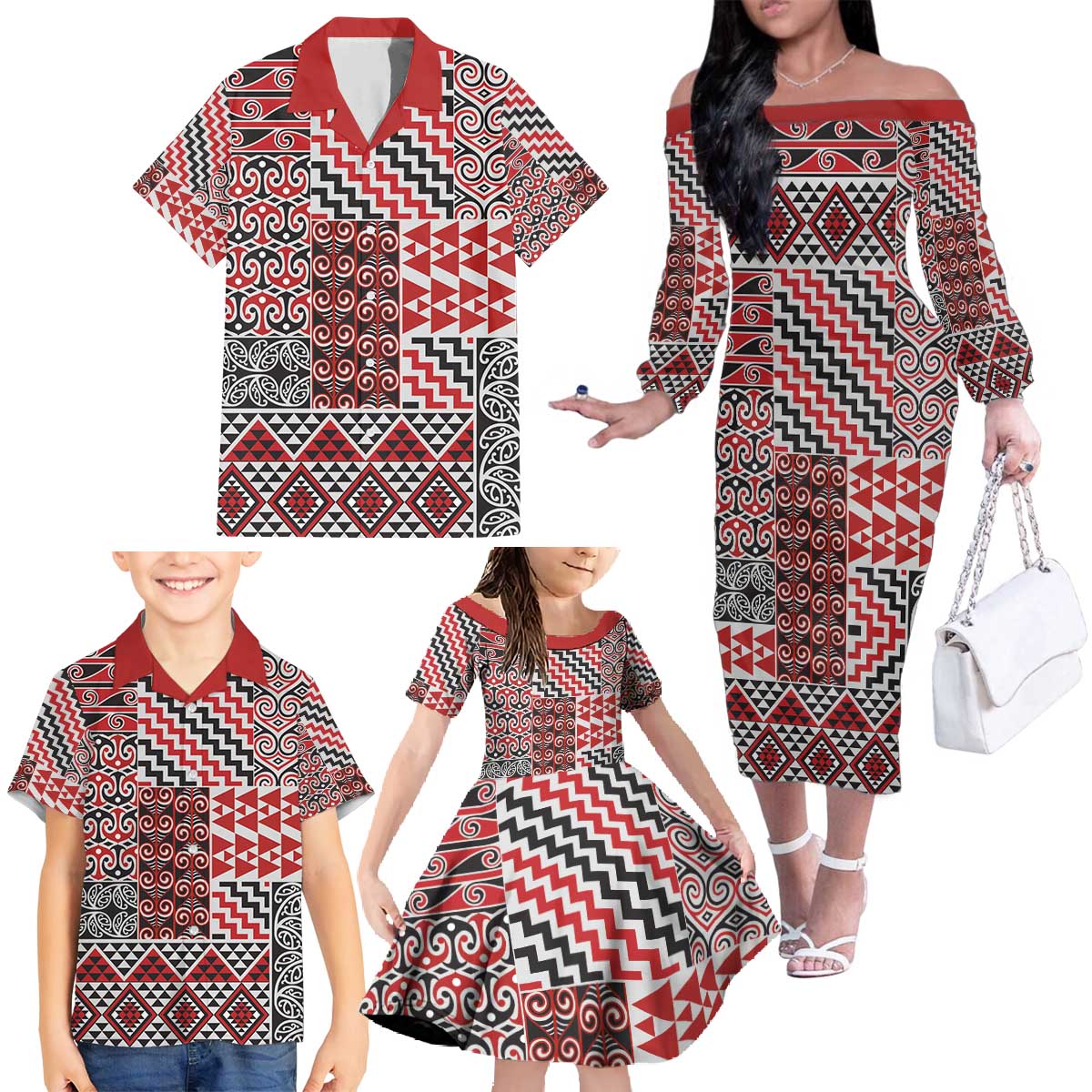 Aotearoa Kowhaiwhai Taniko Patchwork Motifs Family Matching Off The Shoulder Long Sleeve Dress and Hawaiian Shirt LT9 - Polynesian Pride
