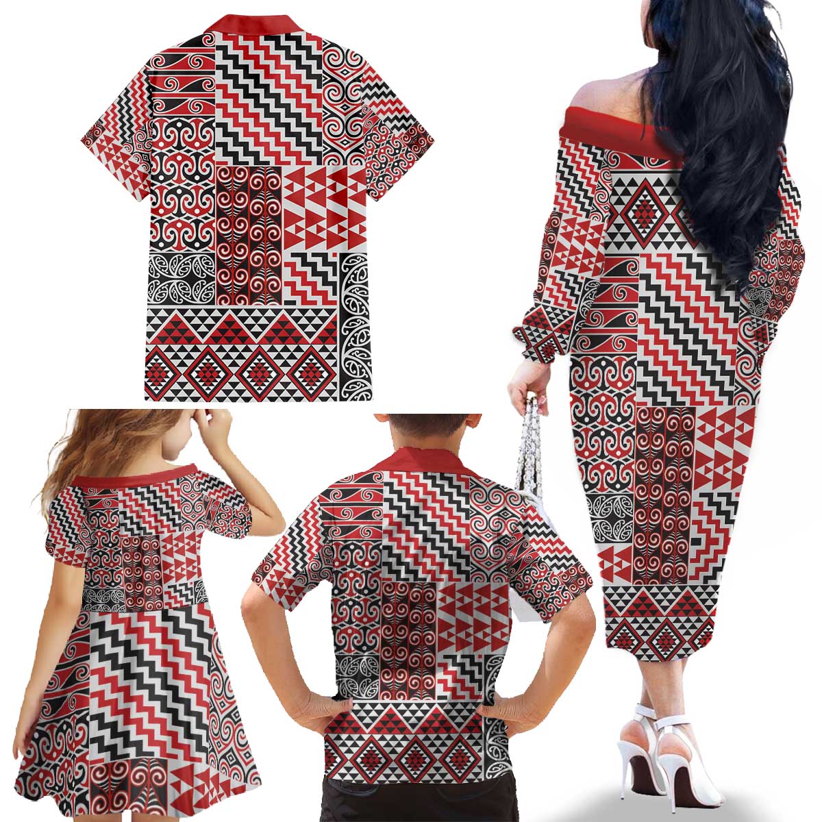 Aotearoa Kowhaiwhai Taniko Patchwork Motifs Family Matching Off The Shoulder Long Sleeve Dress and Hawaiian Shirt LT9 - Polynesian Pride