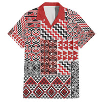 Aotearoa Kowhaiwhai Taniko Patchwork Motifs Family Matching Off The Shoulder Long Sleeve Dress and Hawaiian Shirt LT9 Dad's Shirt - Short Sleeve Red - Polynesian Pride