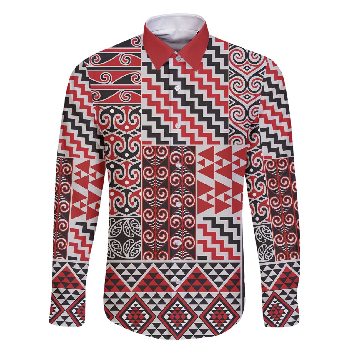 Aotearoa Kowhaiwhai Taniko Patchwork Motifs Family Matching Off The Shoulder Long Sleeve Dress and Hawaiian Shirt LT9 Dad's Shirt - Long Sleeve Red - Polynesian Pride