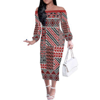 Aotearoa Kowhaiwhai Taniko Patchwork Motifs Family Matching Off The Shoulder Long Sleeve Dress and Hawaiian Shirt LT9 Mom's Dress Red - Polynesian Pride