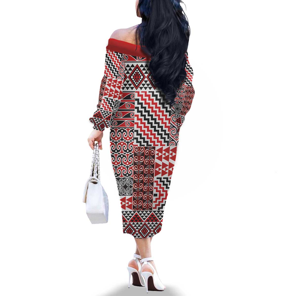 Aotearoa Kowhaiwhai Taniko Patchwork Motifs Family Matching Off The Shoulder Long Sleeve Dress and Hawaiian Shirt LT9 - Polynesian Pride